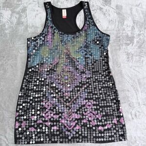 No Boundaries Black Floral Sequined Racerback Tank Top Womens Size Large